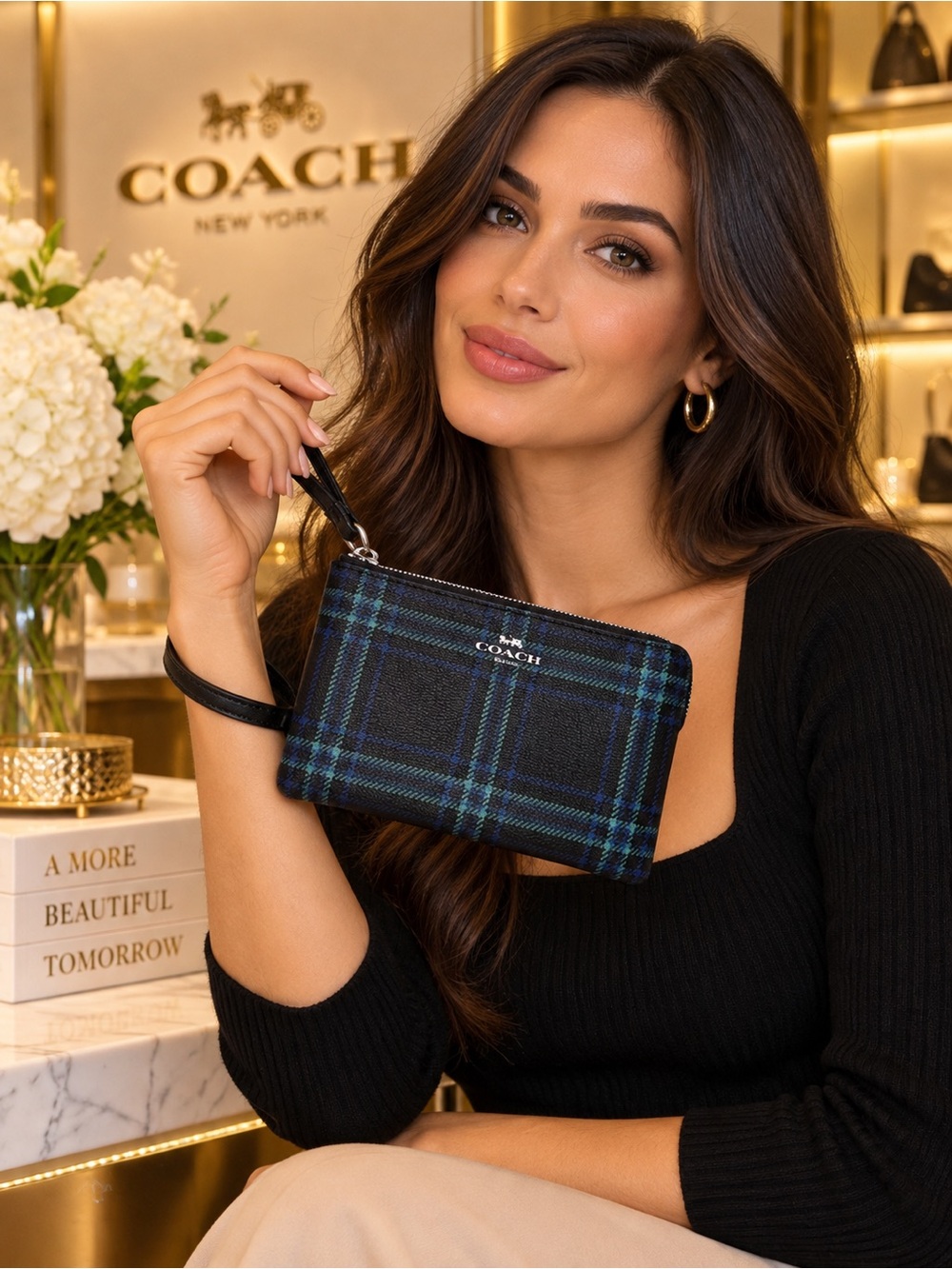 Coach F87782 Plaid Wristlet Blue Black Green Silver Like New